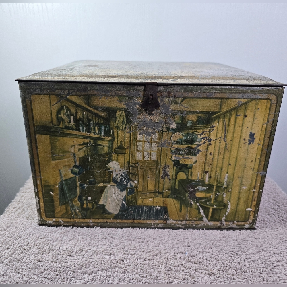Vintage Decorative Tin Box with Rustic Scene